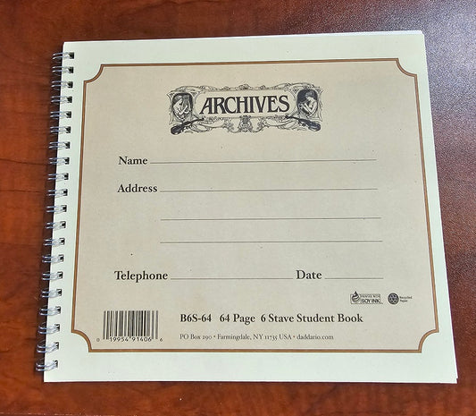 ARCHIVES BOUND 64 PG 6 STAVE/B6S-64 SPIRAL BOOK