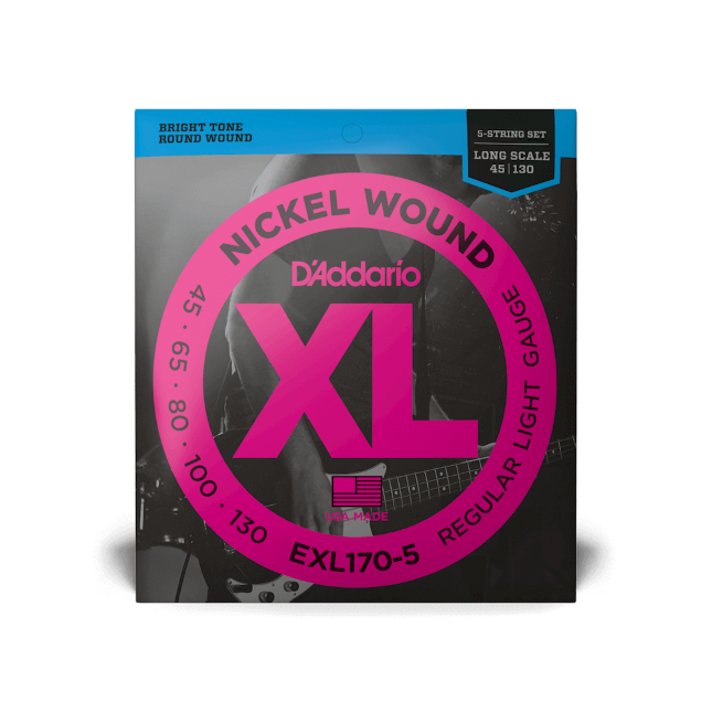 D'Addario XL Nickel 45-130 Regular Light 5-String, Long Scale, Bass Guitar Strings EXL170-5
