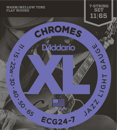 D'addario Chromes Flat Wound, 7-String, Jazz Light, 11-65 Electric Guitar Strings - ECG24-7