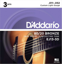 Load image into Gallery viewer, D&#39;Addario 80/20 Bronze, Custom Light, 11-52 Acoustic Guitar Strings - EJ13 3-PACK