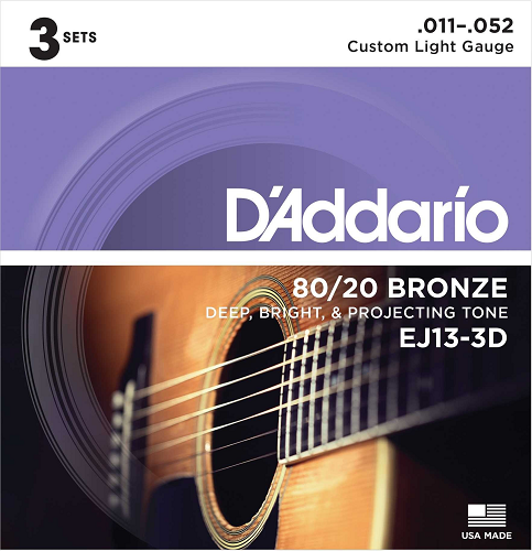 D'Addario 80/20 Bronze, Custom Light, 11-52 Acoustic Guitar Strings - EJ13 3-PACK