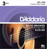 D'Addario 80/20 Bronze, Custom Light, 11-52 Acoustic Guitar Strings - EJ13 3-PACK