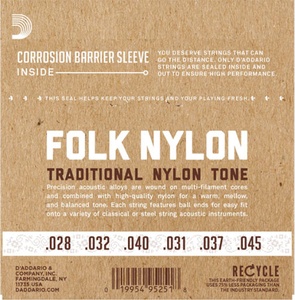 D'addario Folk Nylon, Ball END, 80/20 Bronze / Clear Nylon Trebles Classical Guitar Strings