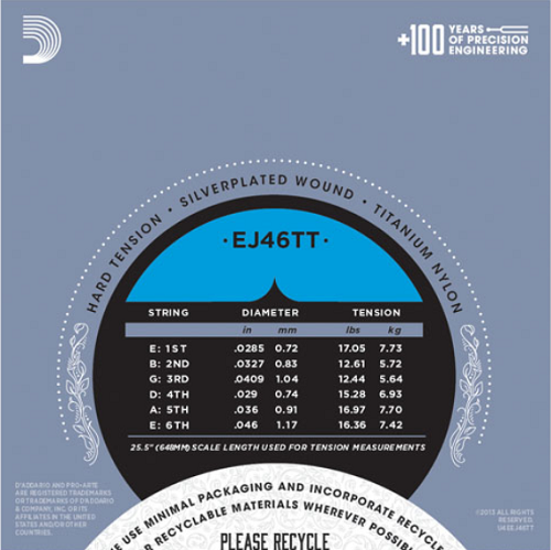 D'Addario ProArte Dynacore Classical Guitar Strings, Titanium Trebles, Hard Tension - EJ46TT