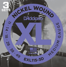 Load image into Gallery viewer, D&#39;Addario Nickel Wound, Medium/Blues-Jazz Rock, 11-49 Electric Guitar Strings (3 Sets) - EXL115-3D