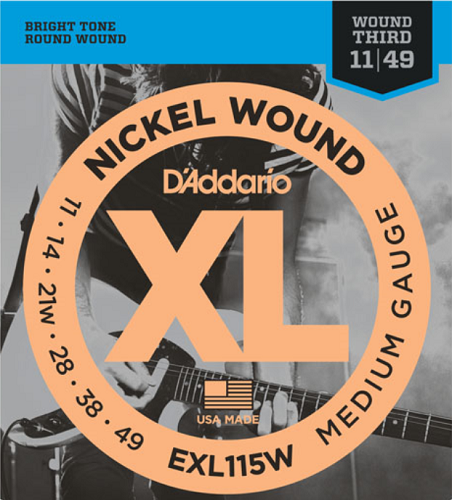 D'Addario Nickel Wound, Medium/Blues-Jazz Rock, Wound 3rd, 11-49 Electric Guitar Strings - EXL115W