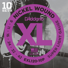 Load image into Gallery viewer, D&#39;Addario Nickel Wound, Super Light, 9-42 Electric Guitar Strings (10 Sets) EXL120-10P