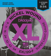 Load image into Gallery viewer, D&#39;Addario Nickel Wound, 7-String, Super Light, 9-54 Electric Guitar Strings - EXL120-7