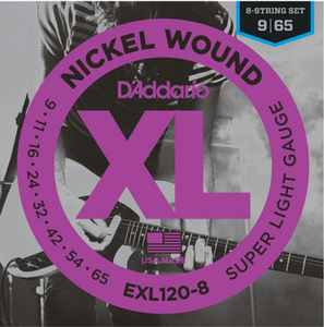 D'Addario Nickel Wound, 8-String, Super Light, 9-65 Electric Guitar Strings - EXL120-8