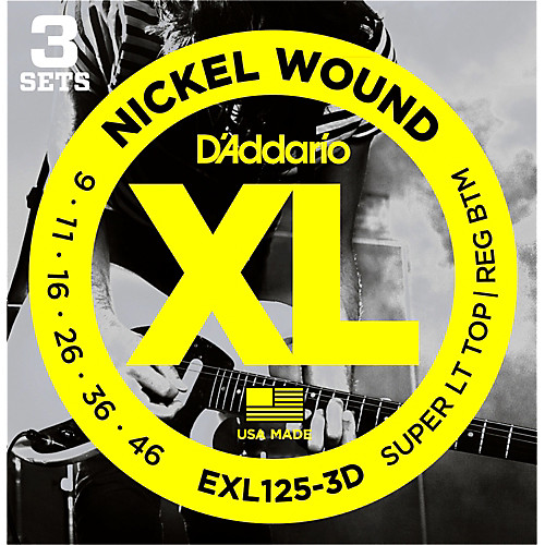D'Addario Nickel Wound, Super Light Top, Regular Bottom, 9-46 Electric Guitar Strings (3 Sets) EXL125-3D