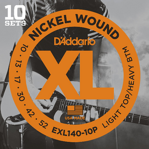 D'Addario Nickel Wound, Light Top/Heavy Bottom, 10-52 Electric Guitar Strings (10 Sets) EXL140-10P