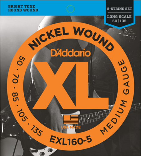 D'addario Nickel Wound 5-String, Medium, Long Scale, 50-135 Bass Guitar Strings