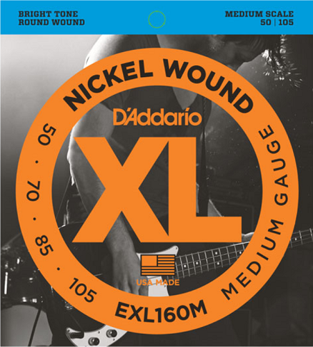 D'addario Nickel Wound, Medium, Medium Scale, 50-105 Bass Guitar Strings EXL160M