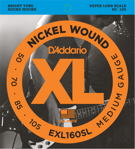 D'addario Nickel Wound, Medium, Super Long Scale, 50-105 Bass Guitar Strings EXL160SL