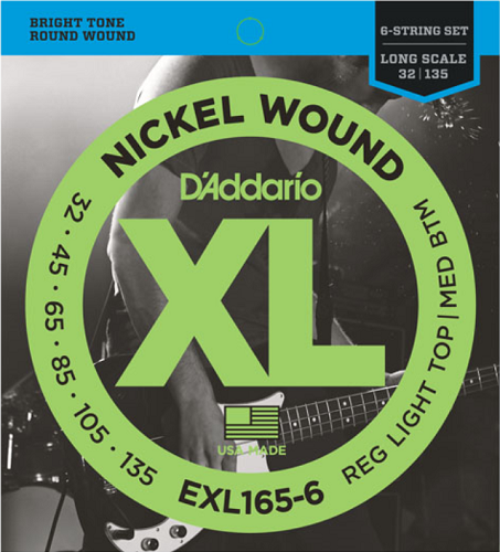 D'addario Nickel Wound 6-String, Custom Light, Long Scale, 32-135 Bass Guitar Strings EXL165-6