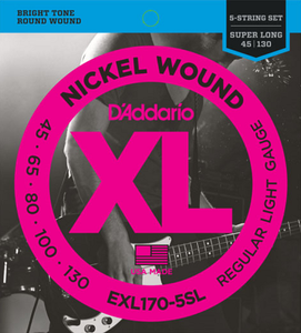 D'Addario Nickel Wound 5-String, Light, Super Long Scale, 45-130 Bass Guitar Strings EXL170-5SL