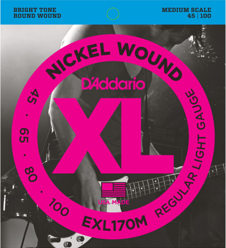 D'addario Nickel Wound, Light, Medium Scale, 45-100 Bass Guitar Strings EXL170M