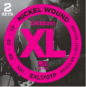 D'Addario Nickel Wound, Light, Long Scale, 45-100 Bass Guitar Strings - EXL170TP 2-PACK