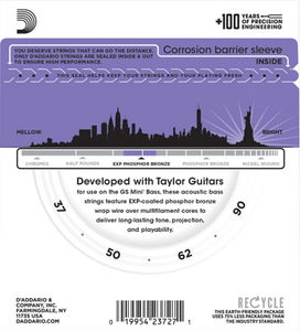 D'addario Coated Phosphor Bronze, Taylor GS Mini Scale, 37-90 Acoustic Bass Guitar Strings