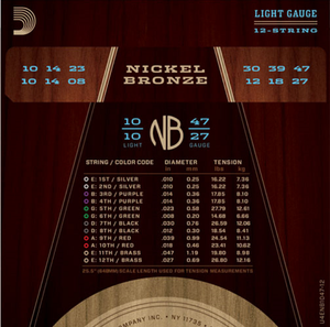 D'addario Nickel Bronze 12-String, Light, 10-47 Acoustic Guitar Strings