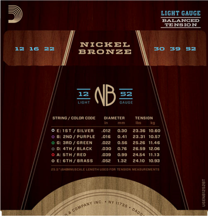 D'addario Nickel Bronze, Balanced Tension Light, 12-52 Acoutic Guitar Strings