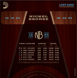 D'addario Nickel Bronze, Light, 12-53 Acoustic Guitar Strings