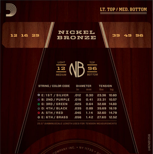 D'addario Nickel Bronze, Light Top/Medium Bottom, 12-56 Acoustic Guitar Strings