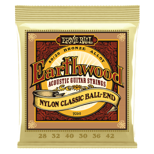 Ernie Ball Earthwood Folk Nylon - Clear & Gold Ball End - 80/20 Bronze Acoustic Guitar Strings - 28-42 Gauge - 2069